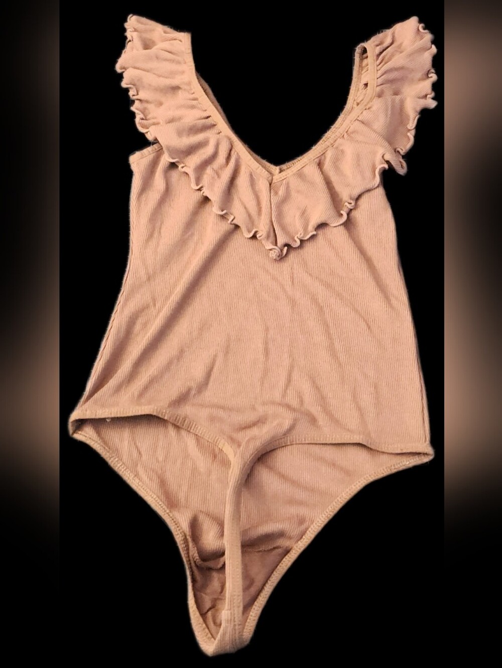 #C135 Wilfred Blush Ruffle V-Neck Ribbed Bodysuit
